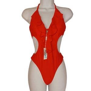MERMAID SWIMWEAR Red Ruffle Side Cut Out One Piece Halter Swimsuit Medium NWT